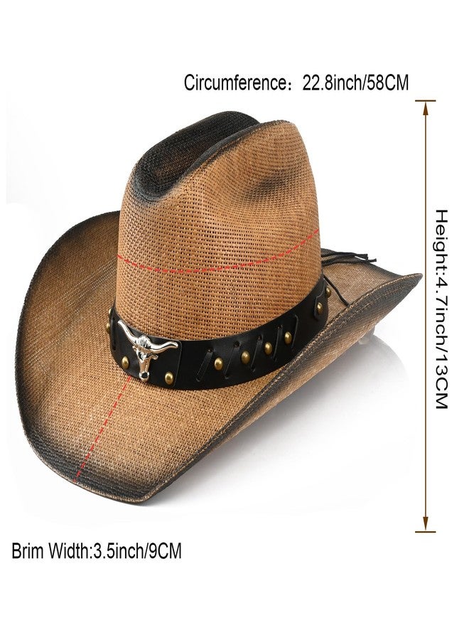 Foeran Retro Cowgirl Hats Western Straw hat,Mens Womens Cowboy Hat with Metal Texture,Bull Head Badge Hats (US, Alpha, Medium, Large, Brown) - Image 5
